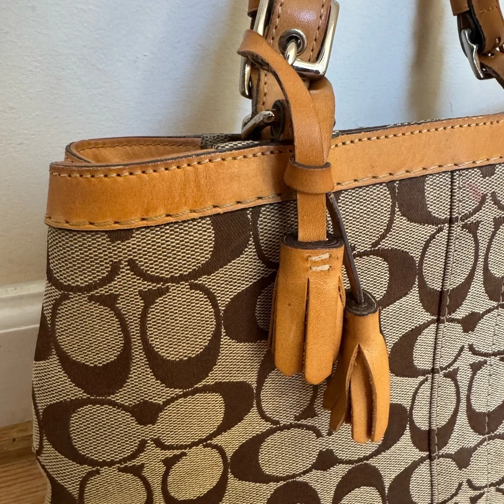 Coach Brown Signature Canvas Tote with Tan Leather Trim - Picture 4 of 16